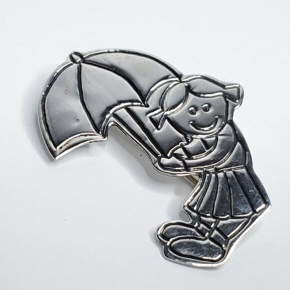 Sterling Silver Girl Child With Umbrella Brooch EFS Mexico - Picture 2 of 3